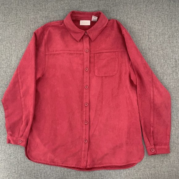 Studio Works Women's Red Button Down Blouse Suede Material Medium 100% Polyester - Picture 3 of 15